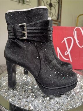 Impo Moira bling Black Glitter Platform Ankle Boots with Buckle NEW 7